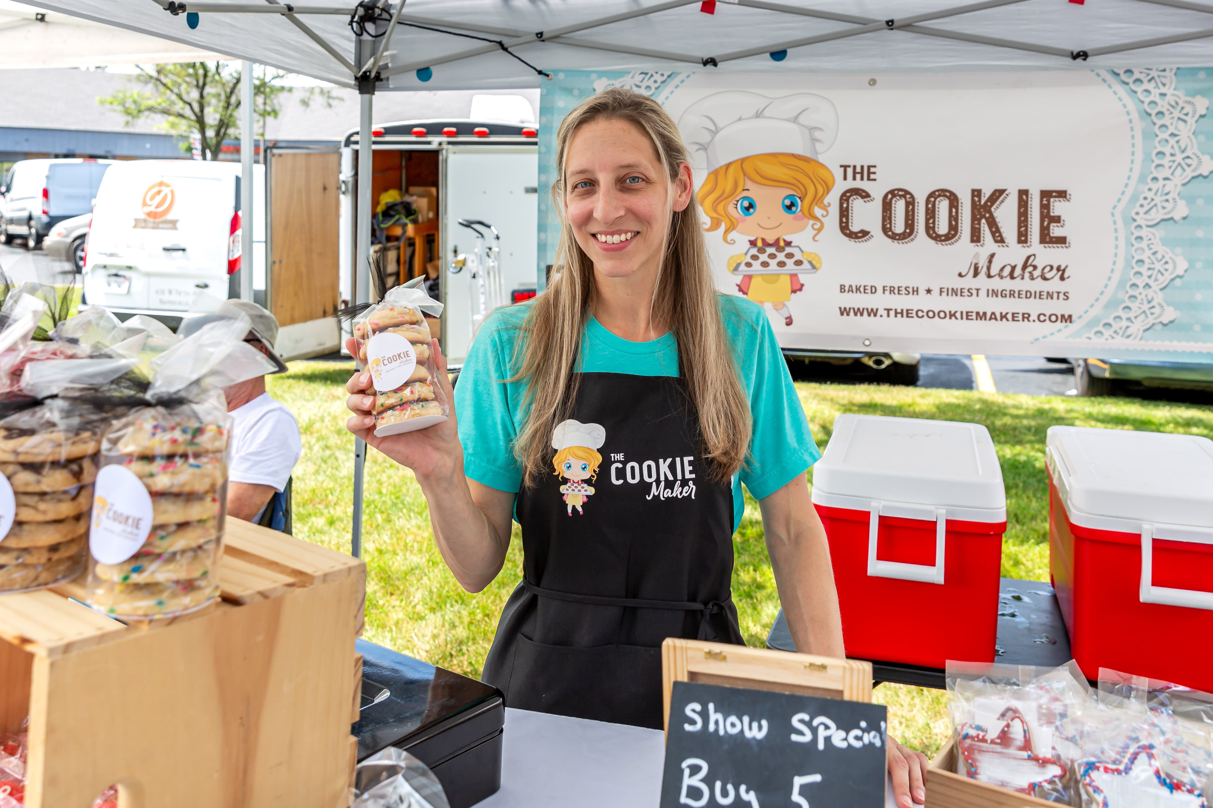 The Cookie Maker owner Heather Kratz at the Winfield Farmer's Market in Winfield, IL.  July 3rd, 2024.