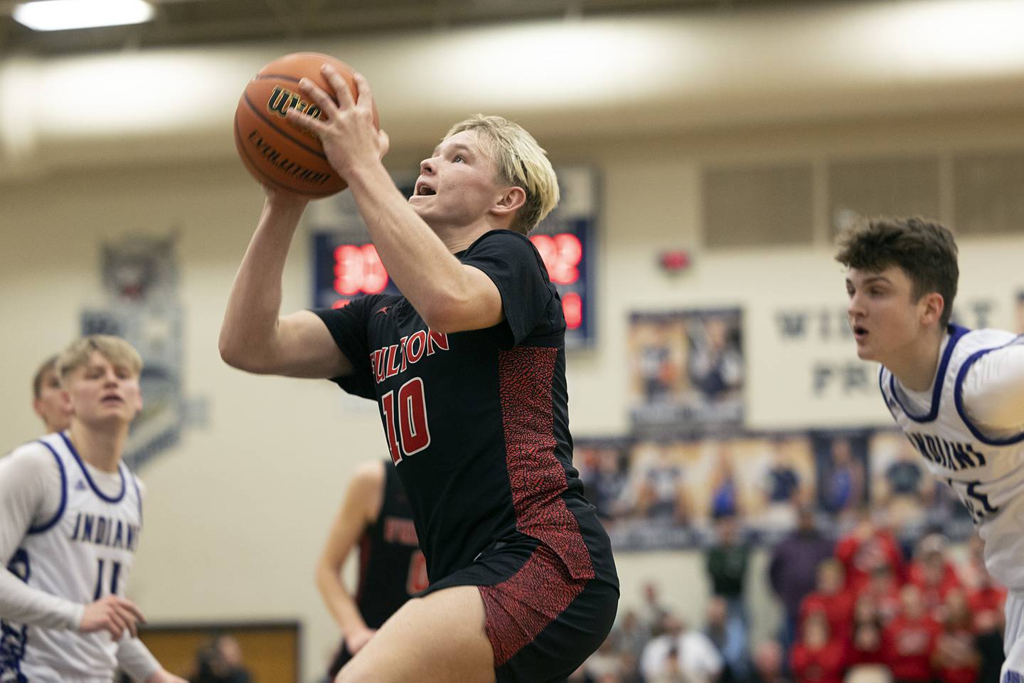 Fulton’s Dom Kramer puts up a shot against Pecatonica during a class 1A sectional semifinal Wednesday, Feb. 28, 2024 at River Ridge High School.