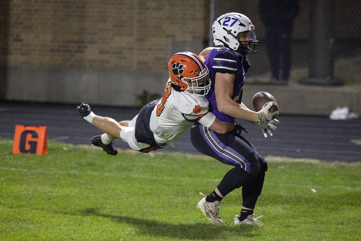 Dixon’s Eli Davidson makes a TD catch against Byron to put the Dukes in the fourth quarter Friday, Oct. 18, 2024, at A.C. Bowers Field in Dixon.