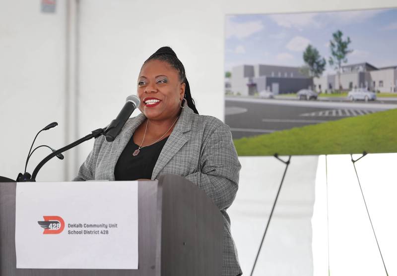 Amonaquenette Parker, District 428 director of diversity, equity and inclusion speaks Thursday, April 11, 2024, during the groundbreaking ceremony for Dr. Leroy A. Mitchell Elementary School. The school will be located at 1240 Normal Road in DeKalb.