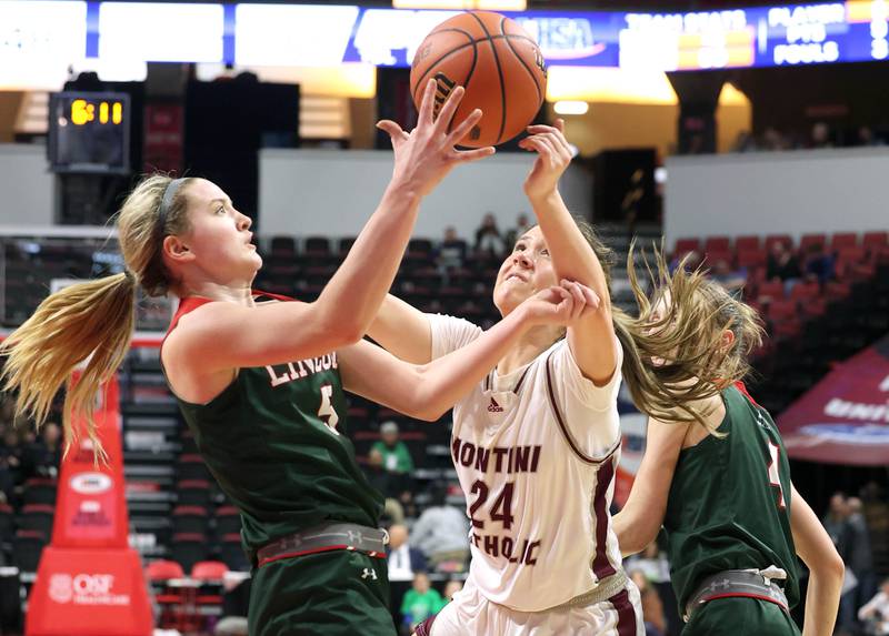 Montini's Peyton Farrell and Lincoln's Kloe Froebe go after a rebound during their game Friday, March 1, 2024, in the IHSA Class 3A state semifinal at the CEFCU Arena at Illinois State University in Normal.