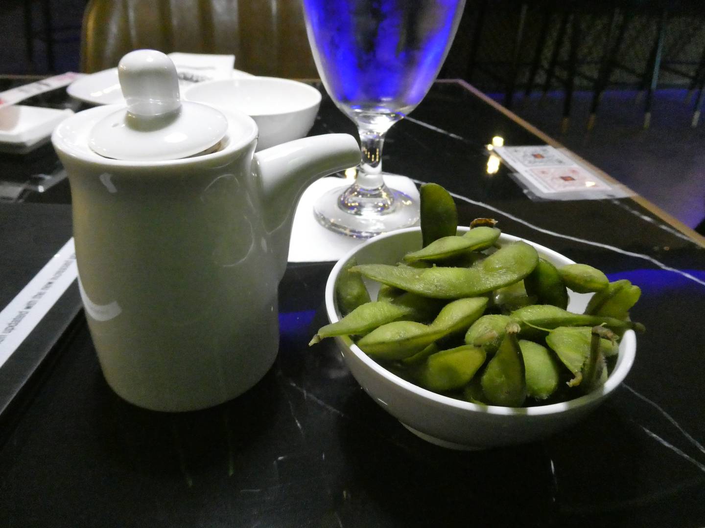 Tea and edamame at Tasty Bistro in Crystal Lake.