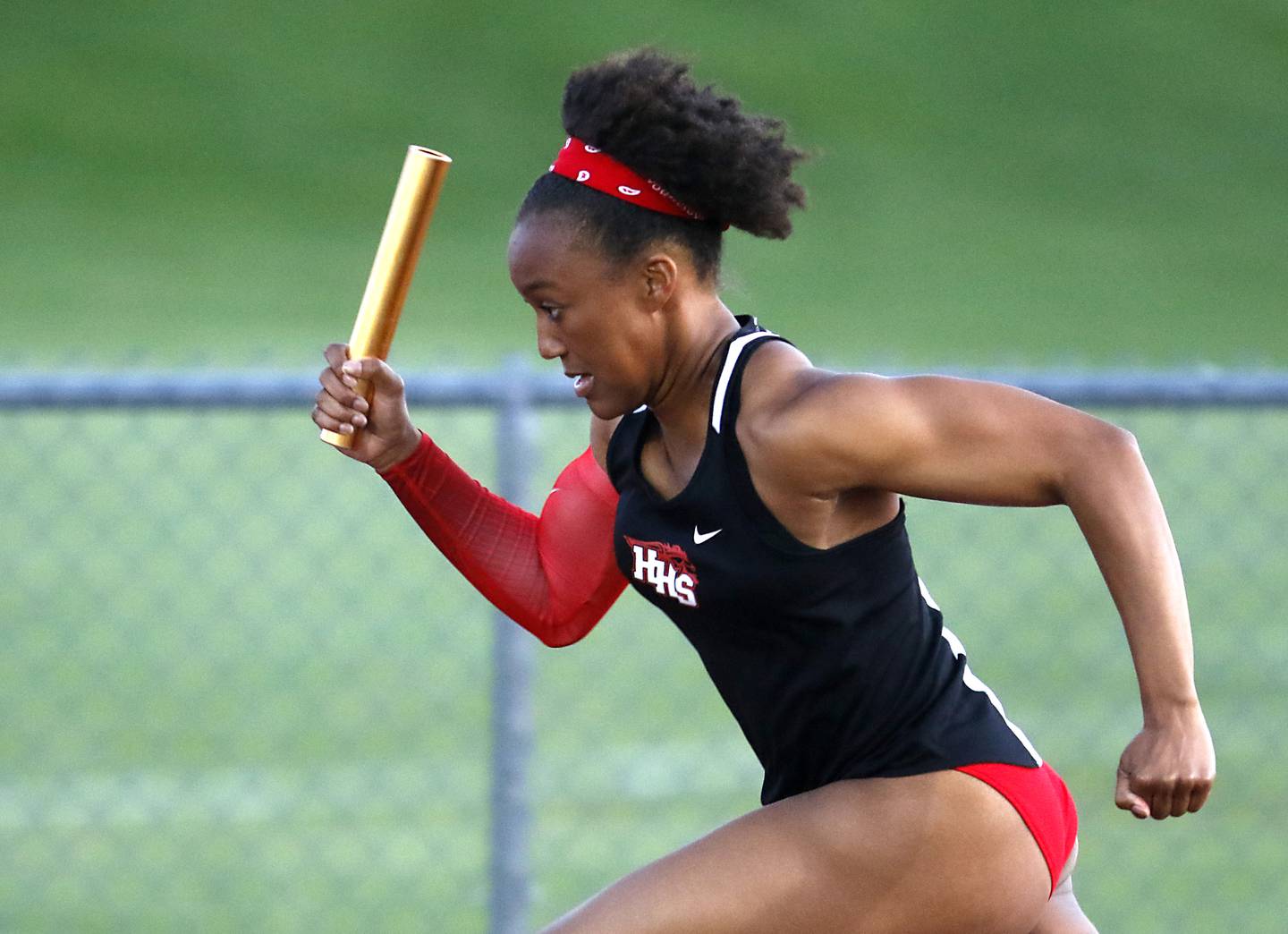 Huntley’s Dominique Johnson explodes out or the blocks as she runs the first leg of the 4 x 200 meter relay during the Huntley IHSA Class 3A Girls Sectional Track and Field Meet on Wednesday, May 8, 2024, at Huntley High School.