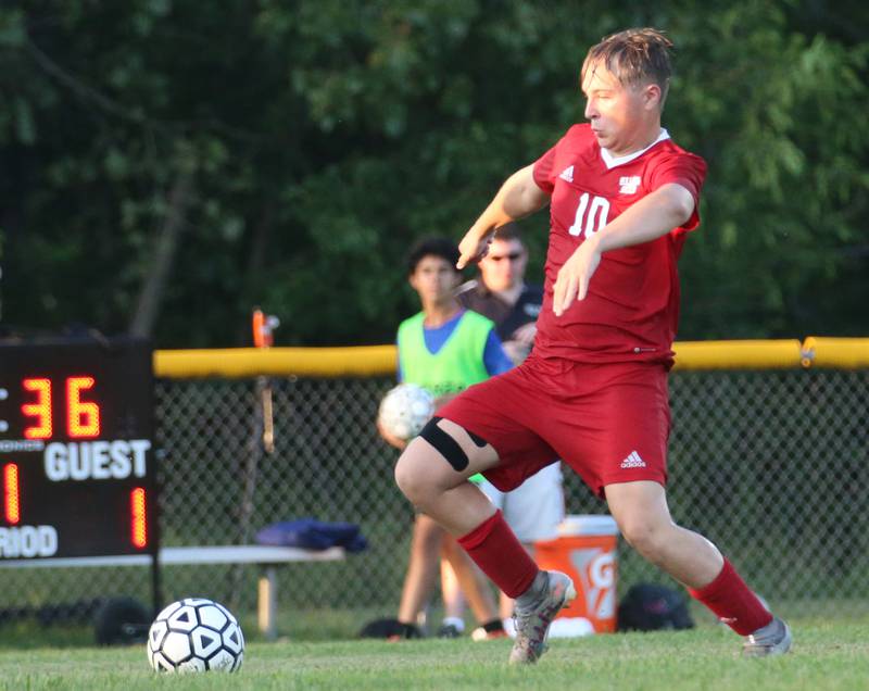 Streator's David Paton advances the ball up the field while playing Bloomington Central Catholic on Wednesday, Aug. 23, 2023 at St. James Street Recreation Area in Streator.