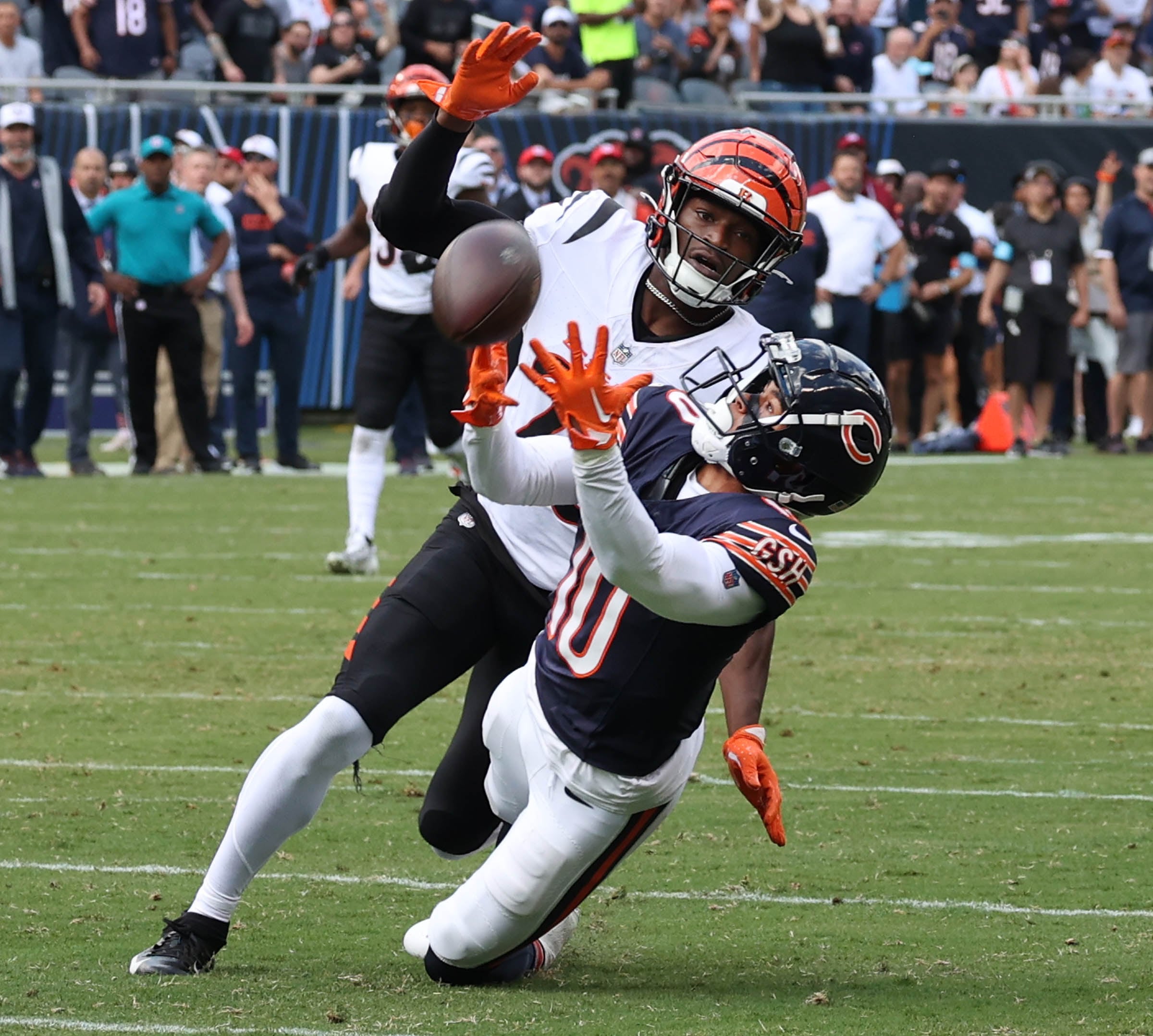 Chicago Bears wide receiver Tyler Scott draws a pass interference flag on Cincinnati Bengals cornerback Josh Newton resulting in a big gain during their game against the Cincinnati Bengals Saturday, Aug. 17, 2024, at Soldier Field in Chicago.