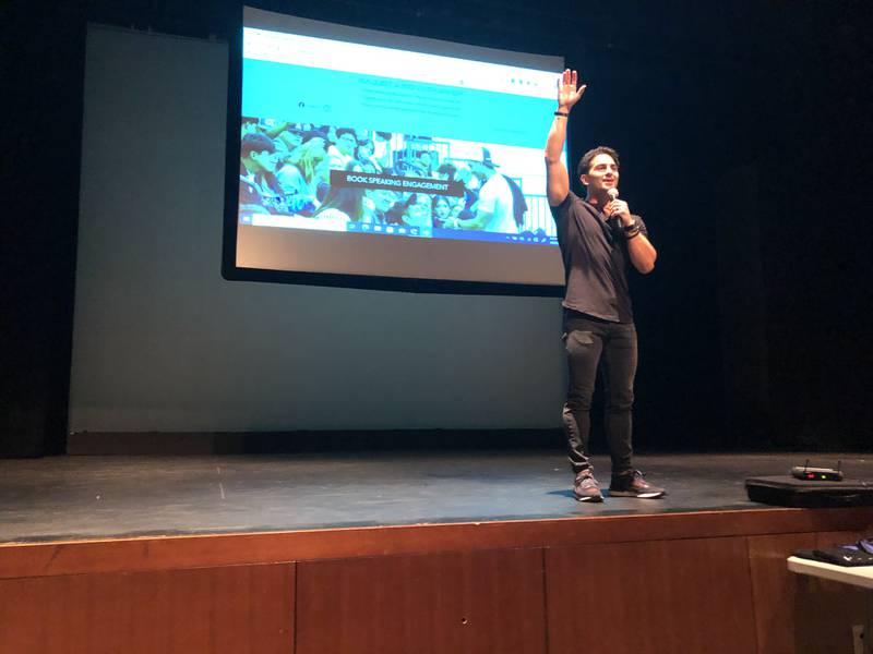 Jordan Toma, a New Jersey-based motivational speaker, speaks to Woodstock North High School students April 9, 2024.
