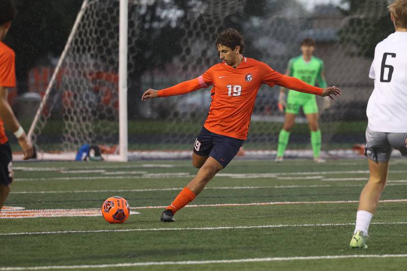 Romeoville’s Gavin Carrasco clears the ball against Joliet West on Wednesday, Oct. 11, 2023 in Romeoville.