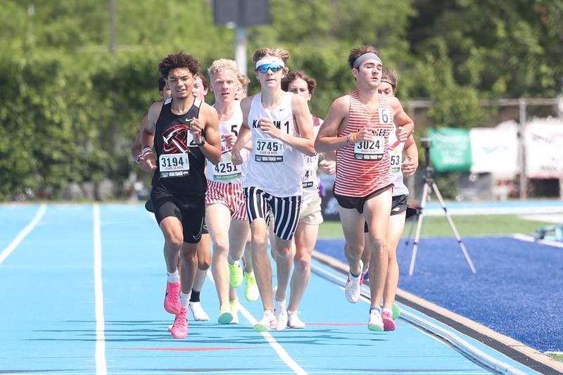 Kaneland’s Evan Nosek competes in the Class 3A 3200 Meter State Championship on Saturday, May 25, 2024 in Charleston.