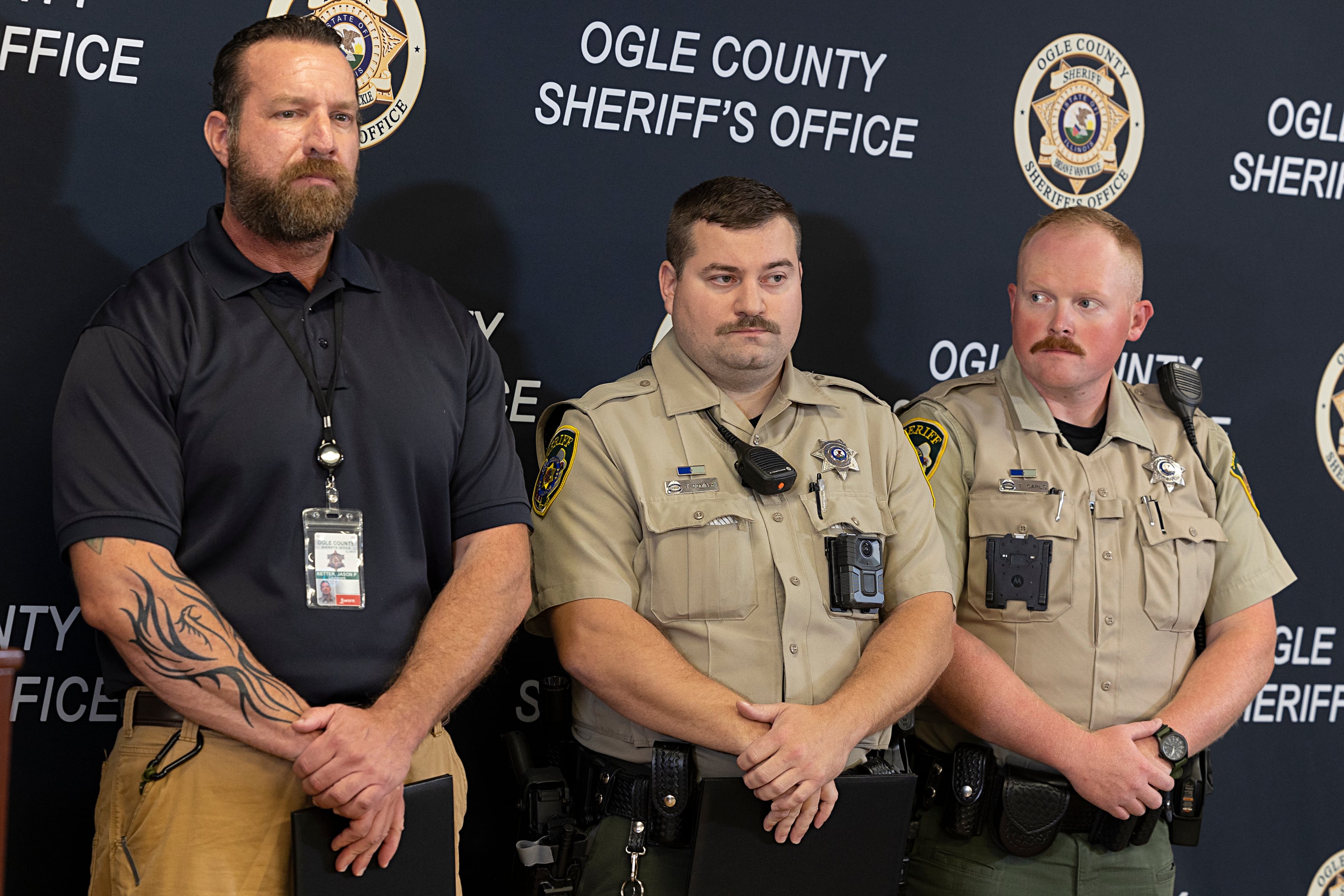 Lt. Jason Ketter (left), Sgt. Tad Dominski and Tyler Carls were recognized Tuesday, Aug. 20, 2024, for being injured in the line of duty during a shootout June 12 in Lost Lake.