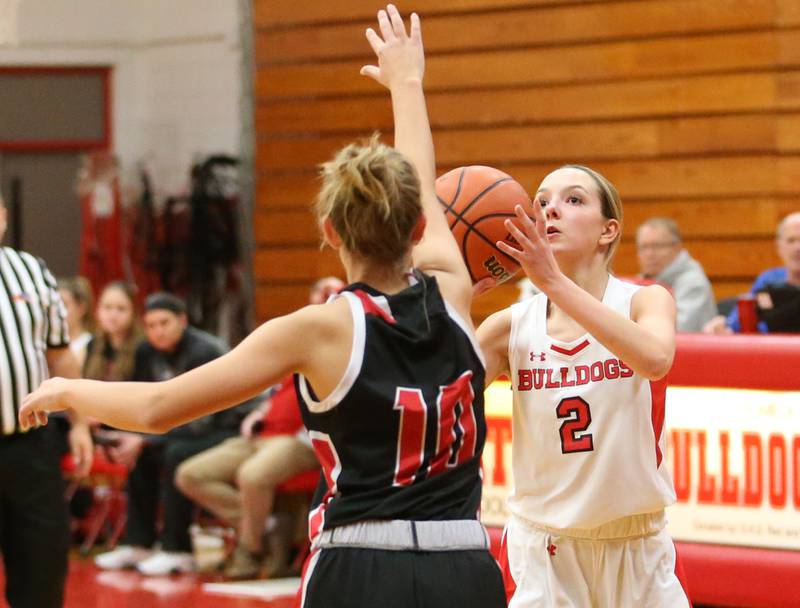 Streator's Kiley Rhodes (right) shoots a jump shot over Henry-Senachwine's Desiree Couve (10) on Wednesday, Jan,. 4, 2023 at Streator High School.