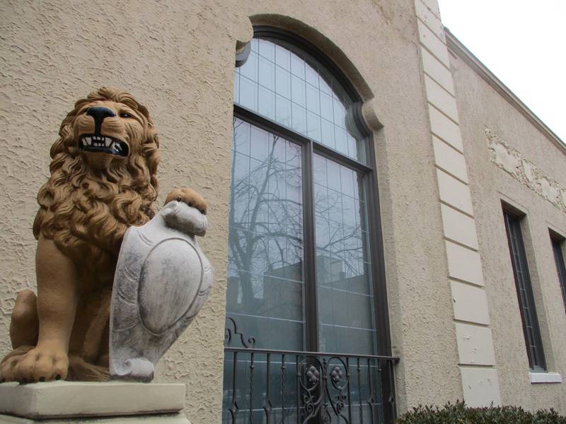 One of two lion sculptures that sit at the front stairwell to the Renaissance Center in downtown Joliet is seen on Saturday, Jan. 21, 2023.