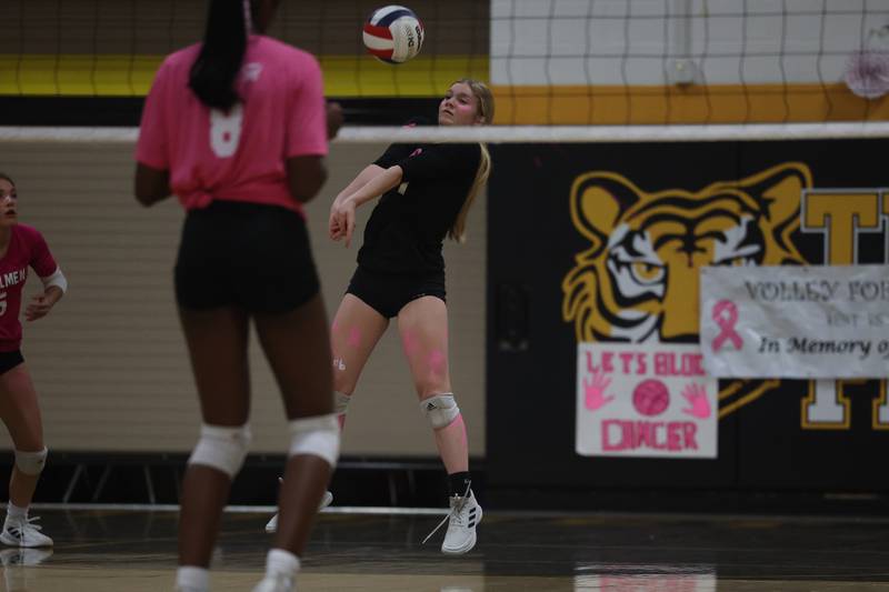 Joliet Central’s Delany Moran receives the serve against Joliet West in the JTHS Pink Heals match. Tuesday, Oct. 4, 2022, in Joliet.