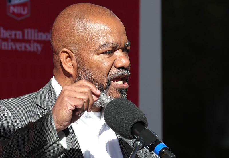 Montel Gayles, a Northern Illinois University trustee, speaks Friday, Oct. 7, 2022, during a renaming ceremony where New Residence Hall at NIU became Fanny Ruth Patterson Complex. Patterson was the university’s first Black graduate and the building is being named in her honor.