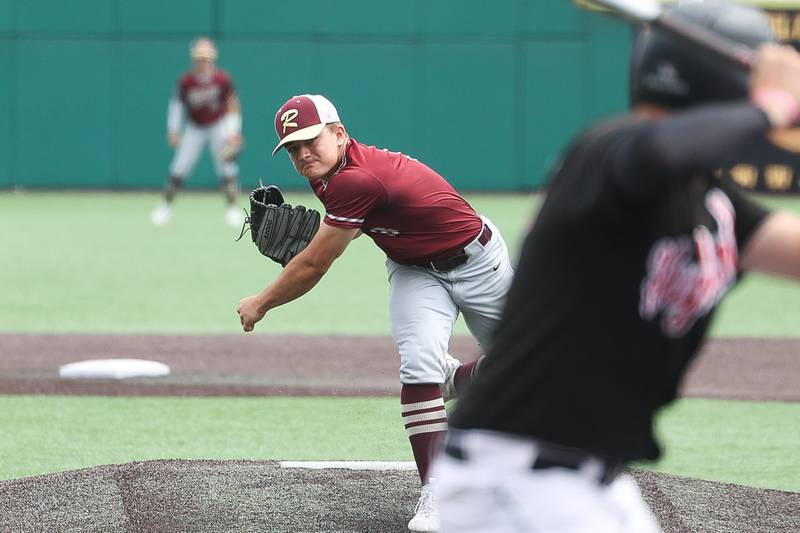 Morris’ Cody DelFavero delivers a pitch against Highland in the IHSA Class 3A 3rd place game on Saturday June 8, 2024 Duly Health and Care Field in Joliet.