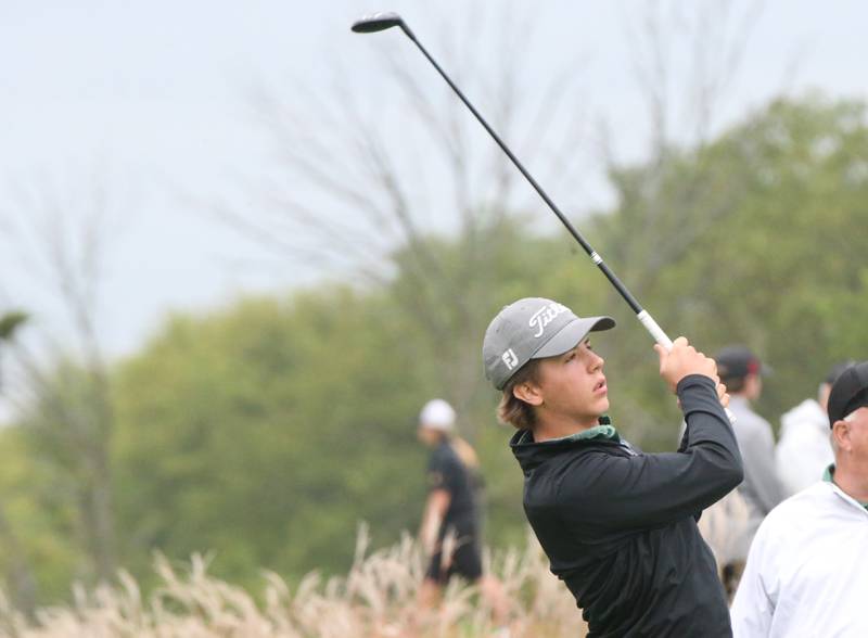 St. Bede's Logan Potthoff tees off during the Class 1A Regional on Wednesday, Sept. 27, 2023 at Wolf Creek Golf Club in Pontiac.