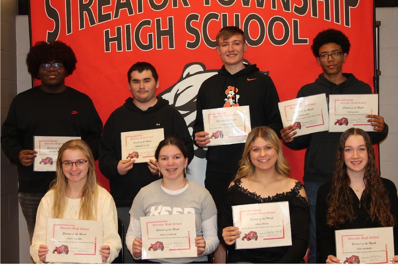 Streator High School students of the month for March 2024 are (front, from left) Claire Durdan, Rebecca MInick, Jenna Moritz and Elsa Sorensen, (back) Javonte Thompson, Mikazlin (Mack) Parrish, Nolan Lukach and Delroy Jones. Landon Ross was not pictured.