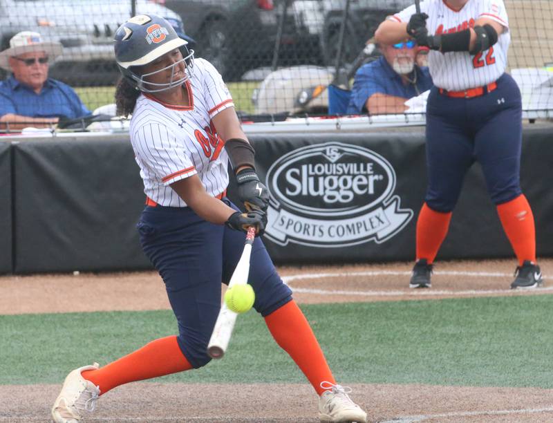 Oswego's Jaelyn Anthony smacks a hit against Mundelein during the Class 4A third place game on Saturday, June 8, 2024 at the Louisville Slugger Sports Complex in Peoria.