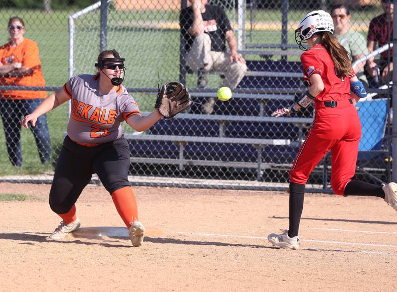 DeKalb's Kayla Bruhn makes the catch to force out Rockford Auburn's Eva Ostergard during their Class 4A regional semifinal game Wednesday, May 22, 2024, at Hampshire High School.