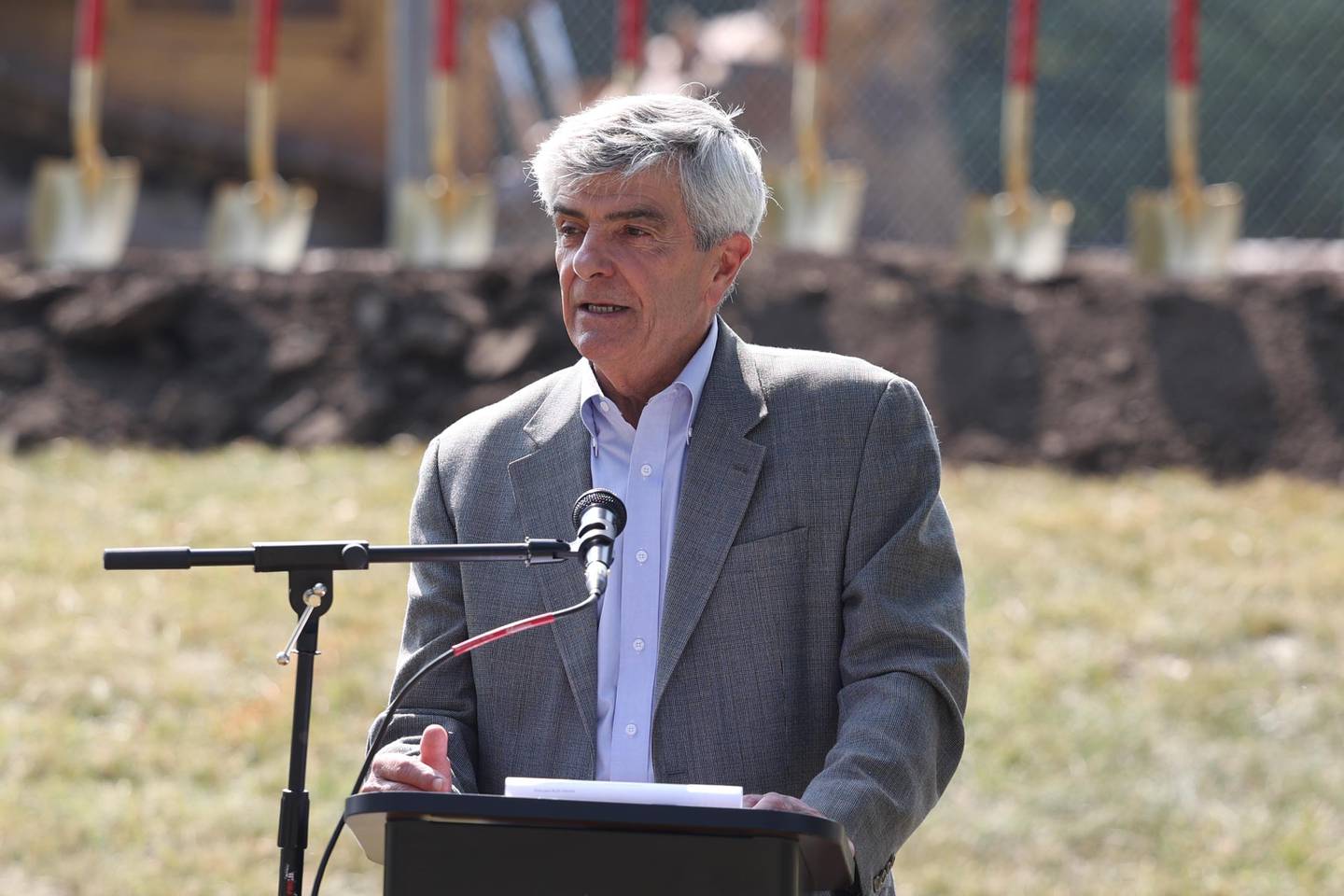 Tony Contos, Co-Chair of the District 86 referendum, speaks at the ground breaking ceremony for Gompers Junior High School on Thursday, Sept. 12, 2024 in Joliet.