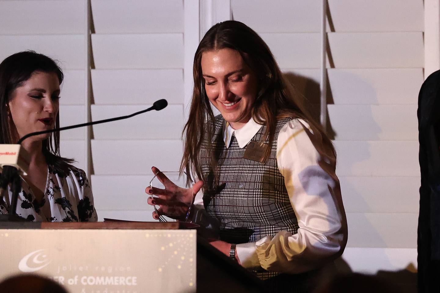 Colleen Lyons, Old Second National Bank Commercial Lending Assistant Vice President, accepts the award for Young Professional of the Year at the Joliet Region Chamber of Commerce & Industry 2024 Annual Awards Dinner & Celebration of Success on Tuesday Feb. 27th, 2024 in Joliet.