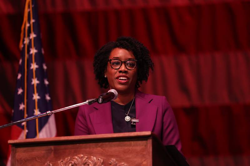 U.S. Rep. Lauren Underwood, D-Ill., makes congratulatory remarks during the Special Naturalization Ceremony held at the Rialto Square Theatre in downtown Joliet on Tuesday, April 23, 2024.