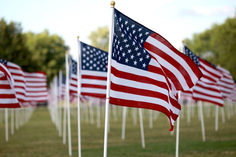 Over 2,000 flags wave in the wind during opening night of the Field of Honor at Seven Gables Park in Wheaton on Saturday, June 29, 2024.