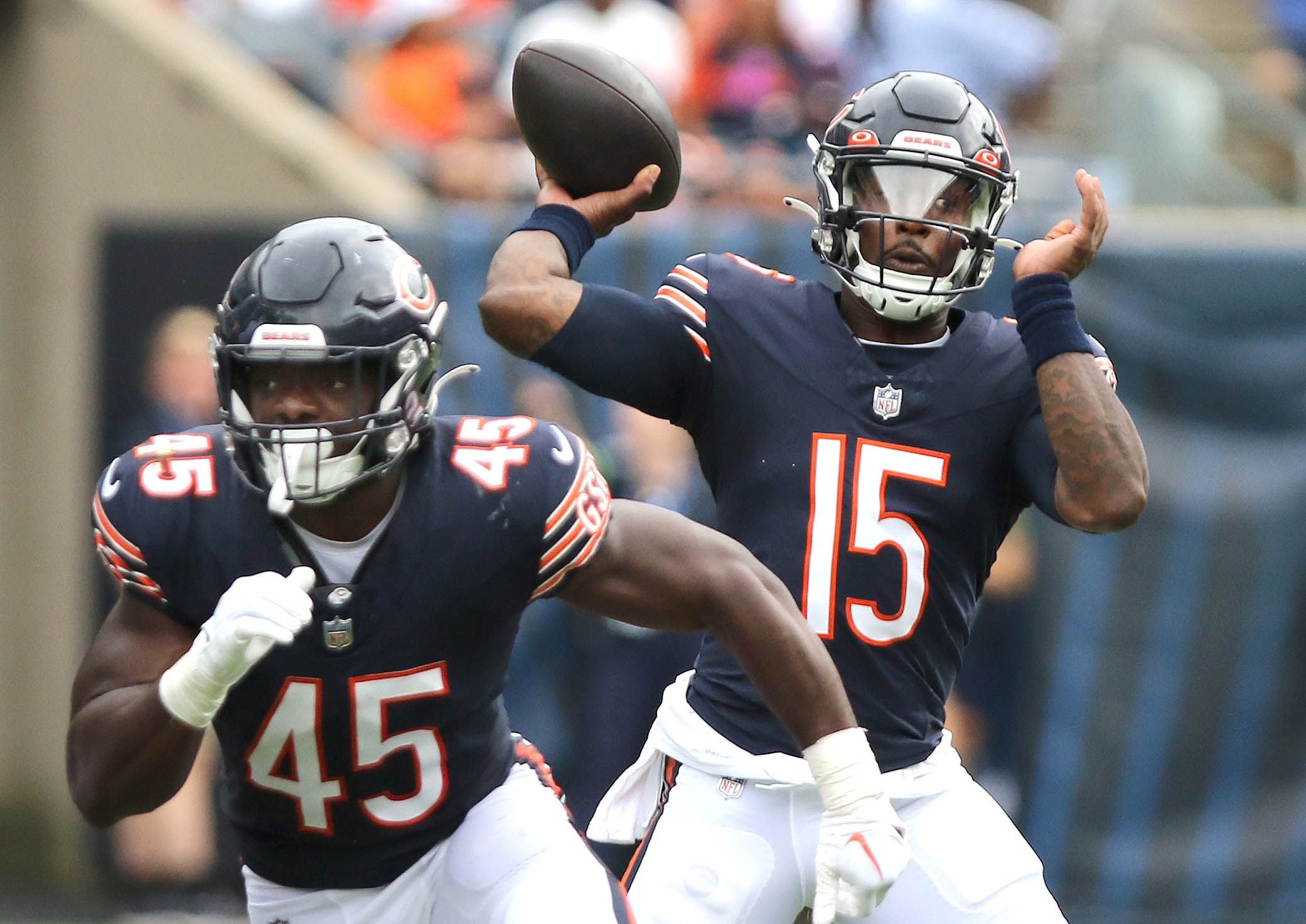 Trevis Gipson of the Chicago Bears looks on from the sideline in