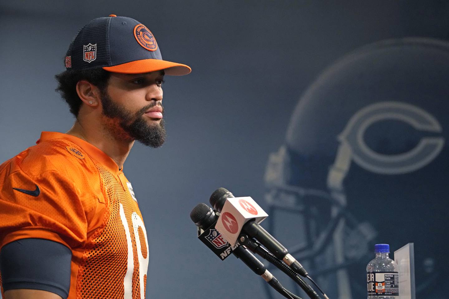 Chicago Bears No. 1 draft pick quarterback Caleb Williams listens to reporters during a news conference before the NFL football team's rookie camp at Halas Hall in Lake Forest, Ill., Friday, May 10, 2024.