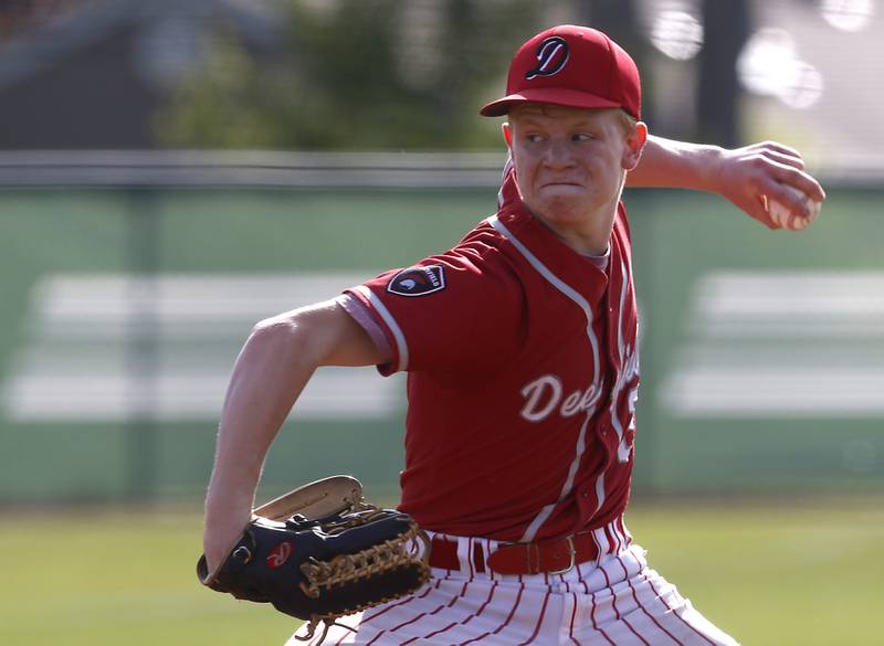 Deerfield's Sean McNair throws a pitch during a Class 3A Grayslake Central sectional championship baseball game against Crystal Lake Central on Friday, May 31, 2024, at the Grayslake Central High School.