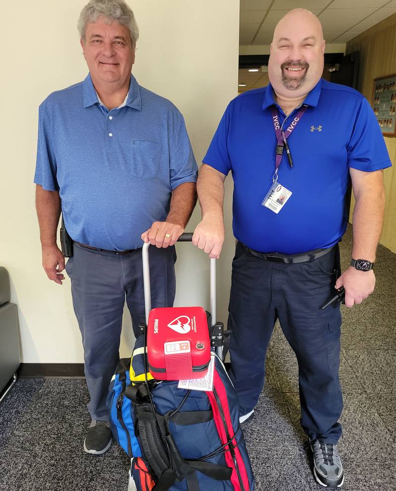 A campus emergency medical response team of volunteers is still going strong after 25 years, but its founder and coordinator is stepping down. Illinois Valley Community College Dean Ron Groleau (left) said he is grateful to all the volunteers through the years and is leaving the program in capable hands. EMS program coordinator Nick Fish (right) will be the new coordinator.