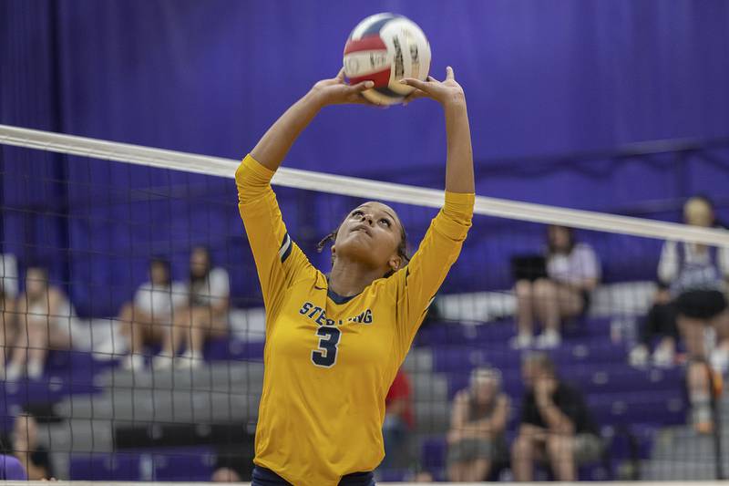 Sterling’s Delali Amankwa plays the ball against Dixon Tuesday, Aug. 27, 2024, at Dixon High School.