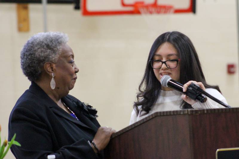 John F. Kennedy Middle School eighth-grader Sofia Mercado asks Edith Lee-Payne, a Civil Rights activist a question during Lee-Payne's visit to the school on April 25, 2024.