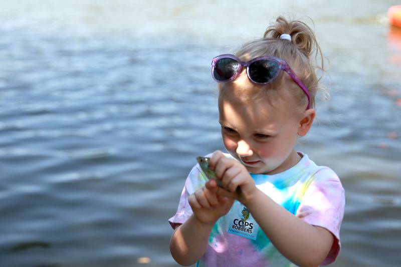 Everleigh Olsen, 4, of Plano gets a close look at the fish she caught at Herrick Lake Forest Preserve during the DuPage Forest Preserve Police Cops and Bobbers event in Wheaton on Wednesday, June 19, 2024.