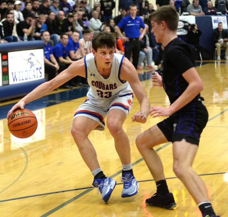 Eastland's Parker Krogman (33 ) drives to the basket against Pecatonica during the championship game of the 1A River Ridge sectional on Friday, March 1, 2024 in Hanover.