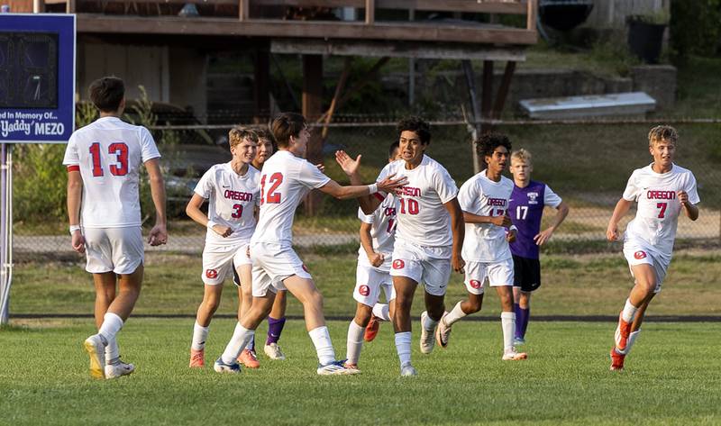 Oregon’s Steven Guarded (10) celebrates his goal against Dixon Wednesday, Sept. 11, 2024, at EC Bowers field in Dixon.