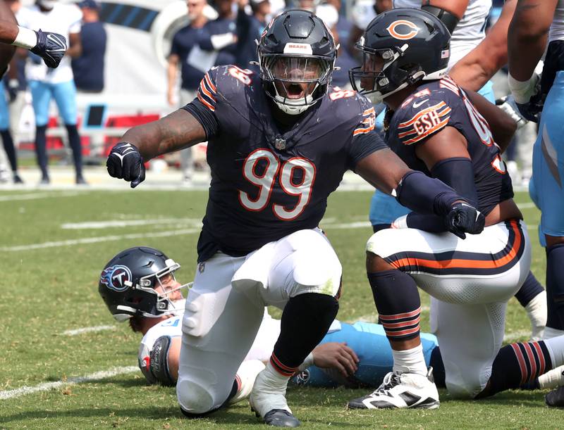 Chicago Bears defensive tackle Gervon Dexter Sr. celebrates after sacking Tennessee Titans quarterback Will Levis during their game Sunday, Sept. 8, 2024, at Soldier Field in Chicago.