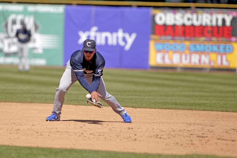 Kane County Cougars player Cesar Trejo grabs a ground ball during a practice at Northwestern Medicine Field in Geneva on Thursday, May 4, 2023. The Cougars’ season opens May 11.