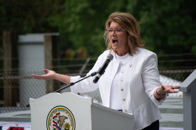 New ILGOP Chair Kathy Salvi speaks to attendees of Republican Day at the Illinois State Fair on Thursday, Aug. 15, 2024. Salvi, a mother of six, told the party that “we need a little mothering.”