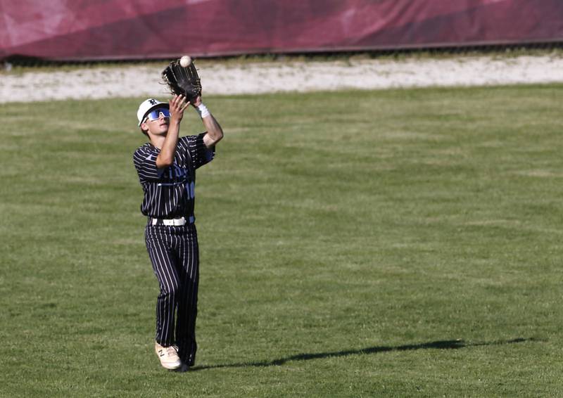Prairie Ridge's Matthew Smith catches a fly ball during a Class 3A Deerfield baseball regional game against Deerfield on Wednesday, May 22, 2024, at the Deerfield High School.