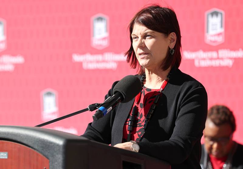 Lisa Freeman, Northern Illinois University president, makes some remarks Friday, Oct. 7, 2022, during a renaming ceremony where New Residence Hall at NIU became Fanny Ruth Patterson Complex. Patterson was the university’s first Black graduate and the building is being named in her honor.