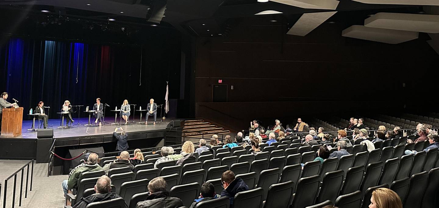 Candidates for the 76th District (from left) Murri Briel, Crystal Loughran, Carolyn Zasada, Liz Bishop and Cohen Barnes attend a candidate forum on Wednesday, Jan. 24, 2024 at Illinois Valley Community College in Oglesby.