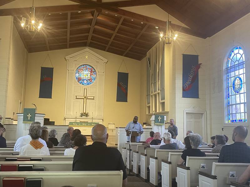 DeKalb 5th Ward Alderman Andre Powell speaks Aug. 28, 2024 at his first ward meeting put on since being appointed to the position.