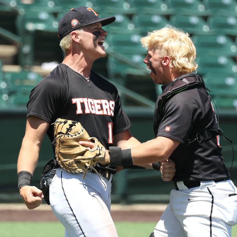 Crystal Lake Central's Tommy Korn (left) and Sean Kempf celebrate after the last out of their win over Morris in their Class 3A state semifinal game Friday, June 7, 2024, at Duly Health and Care Field in Joliet.