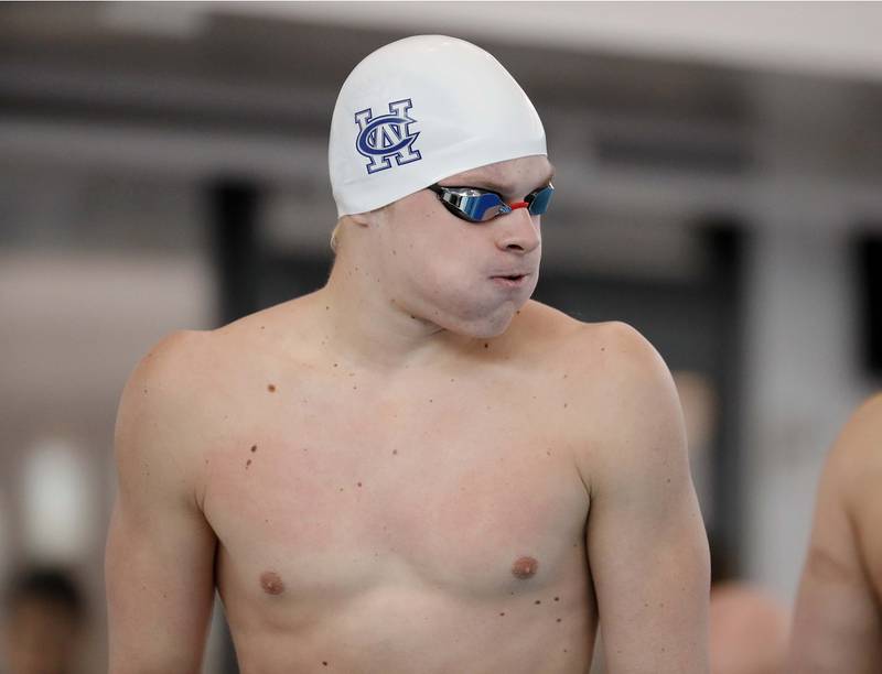 Brady Johnson of West Chicago prepares to compete in the Boys 50 Yard Freestyle during the IHSA Boys state swim finals Saturday February 25, 2023 in Westmont.