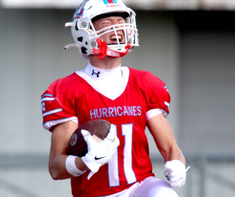 Marian Central’s Maxwell Kinney howls with delight as he scores a touchdown against Bishop McNamara in varsity football action on Saturday, Sept. 14, 2024, at George Harding Field on the campus of Marian Central High School in Woodstock.