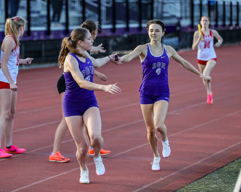 Downers Grove North finishes first in the 4x800-meter relay at Friday's Class 3A Downers Grove North Sectional track and field meet.