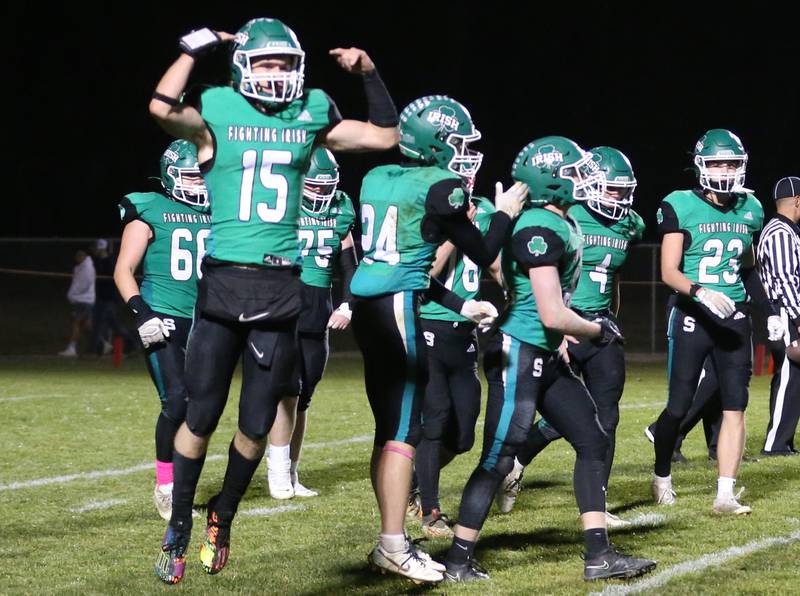 Seneca quarterback Paxton Giertz reacts after defeating Marquette on Friday, Oct. 18, 2024 at Seneca High School.