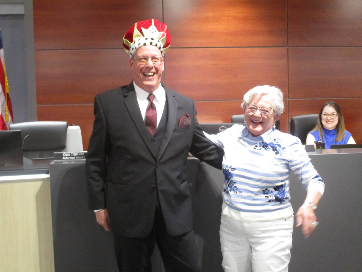 Yorkville Mayor John Purcell wears a king's crown presented by former Kendall County Board colleague Anne Vickery after Purcell was sworn in to a second term on May 9, 2023.