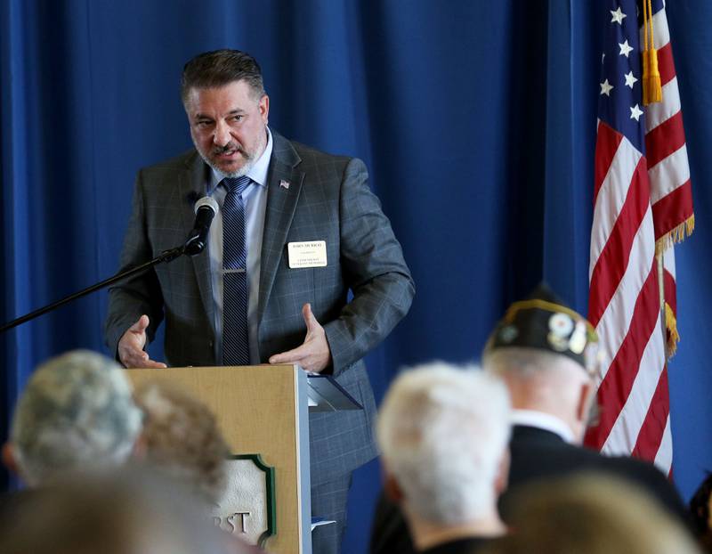 John Murray, of Lindenhurst, U.S.Navy veteran and chairman of the Paul Baumunk Veterans Memorial, addresses the audience during the Lindenhurst Veterans Day Ceremony at the Public Works garage behind the Village Hall on November 11th in Lindenhurst.
Photo by Candace H. Johnson for Shaw Local News Network