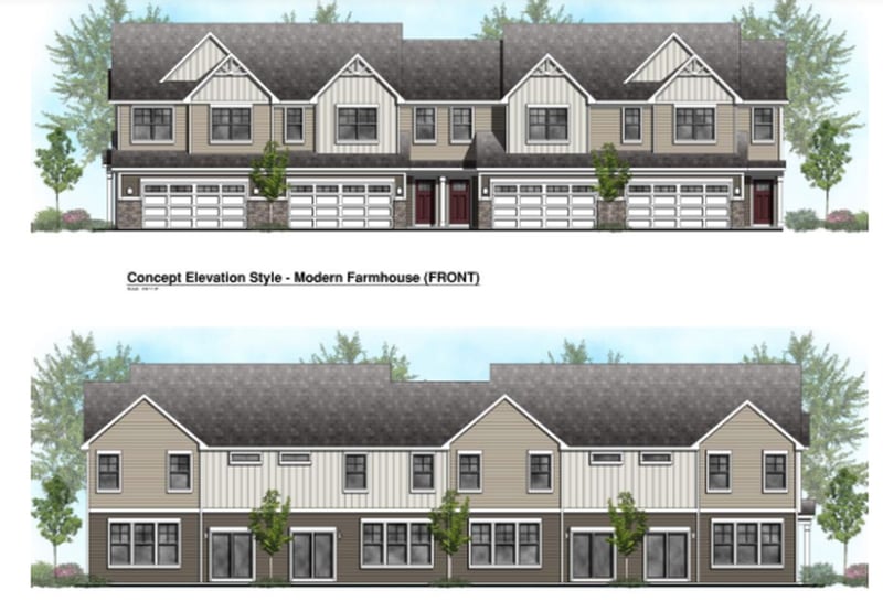 A rendering of a "modern farmhouse" style townhome for the proposed Lennar Algonquin Meadows community